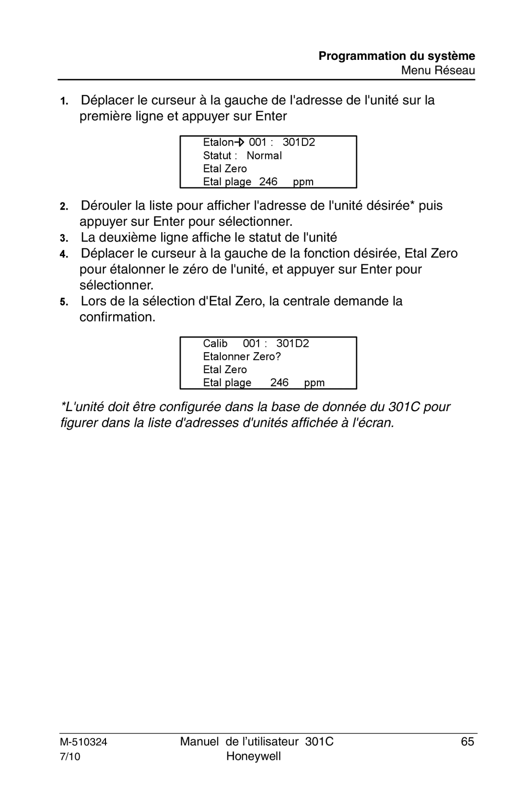 Honeywell 301c user manual Etalon 001 301D2 Statut Normal Etal Zero Etal plage Ppm 