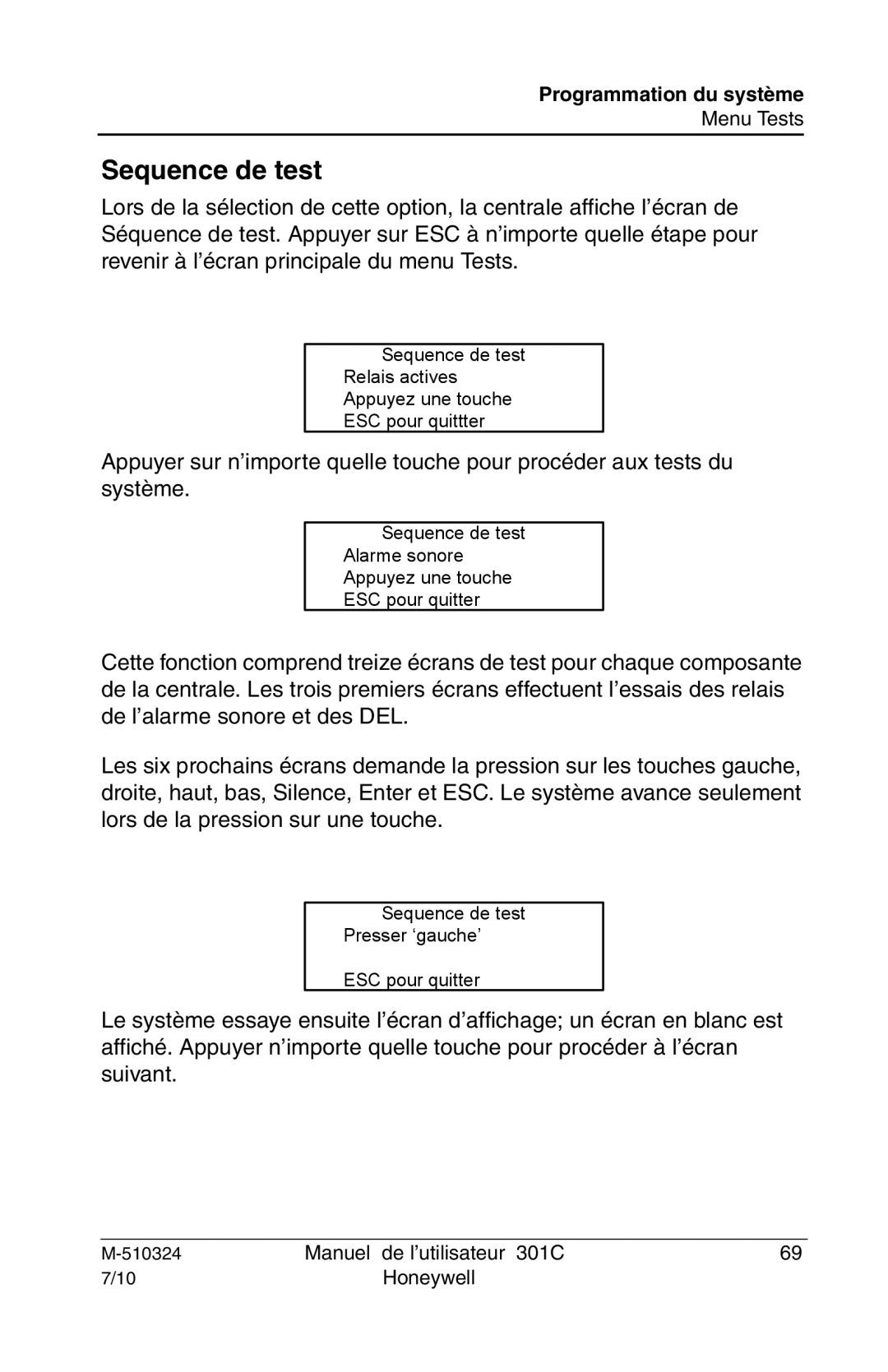 Honeywell 301c user manual Sequence de test 