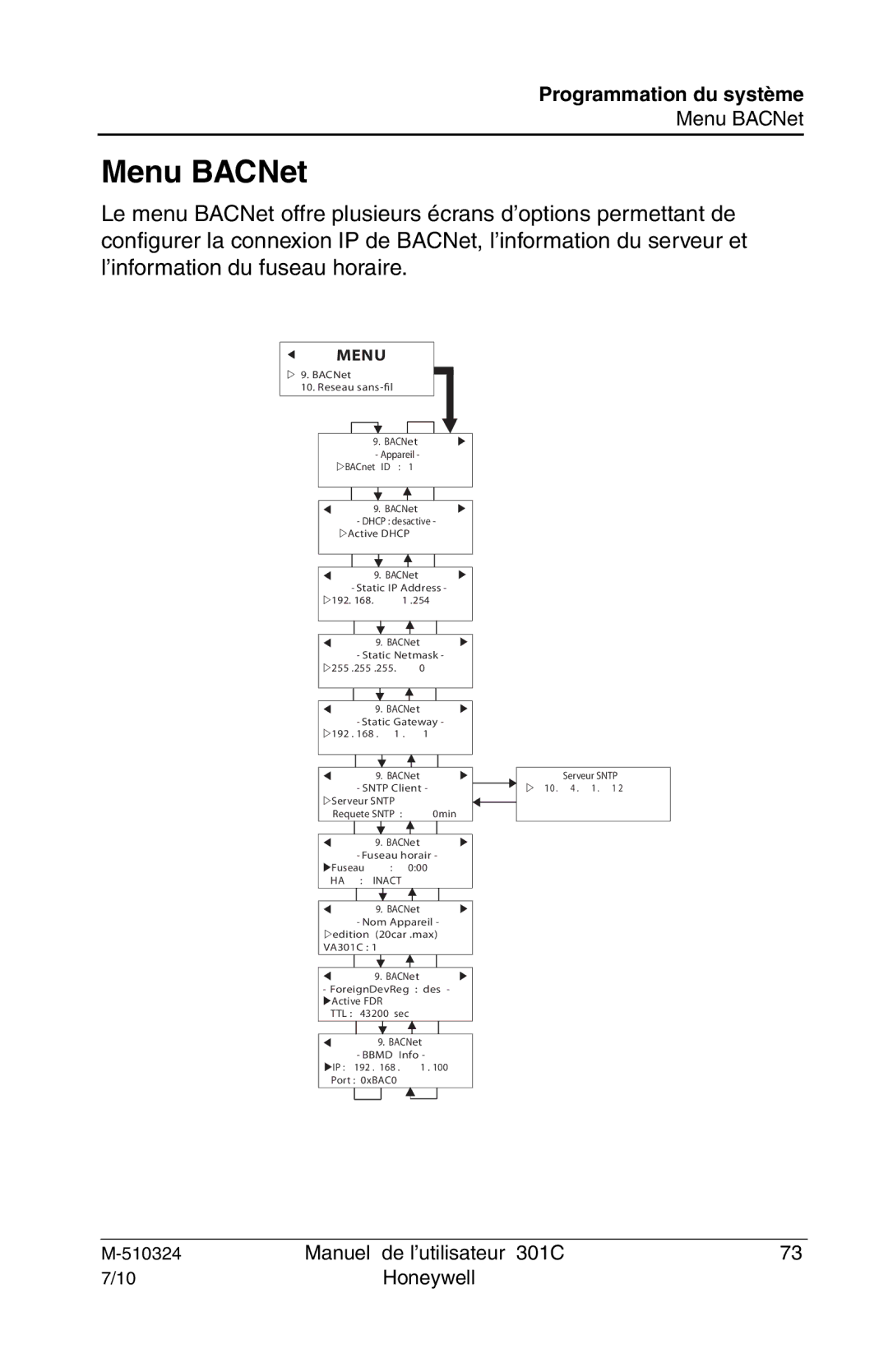 Honeywell 301c user manual Menu BACNet 