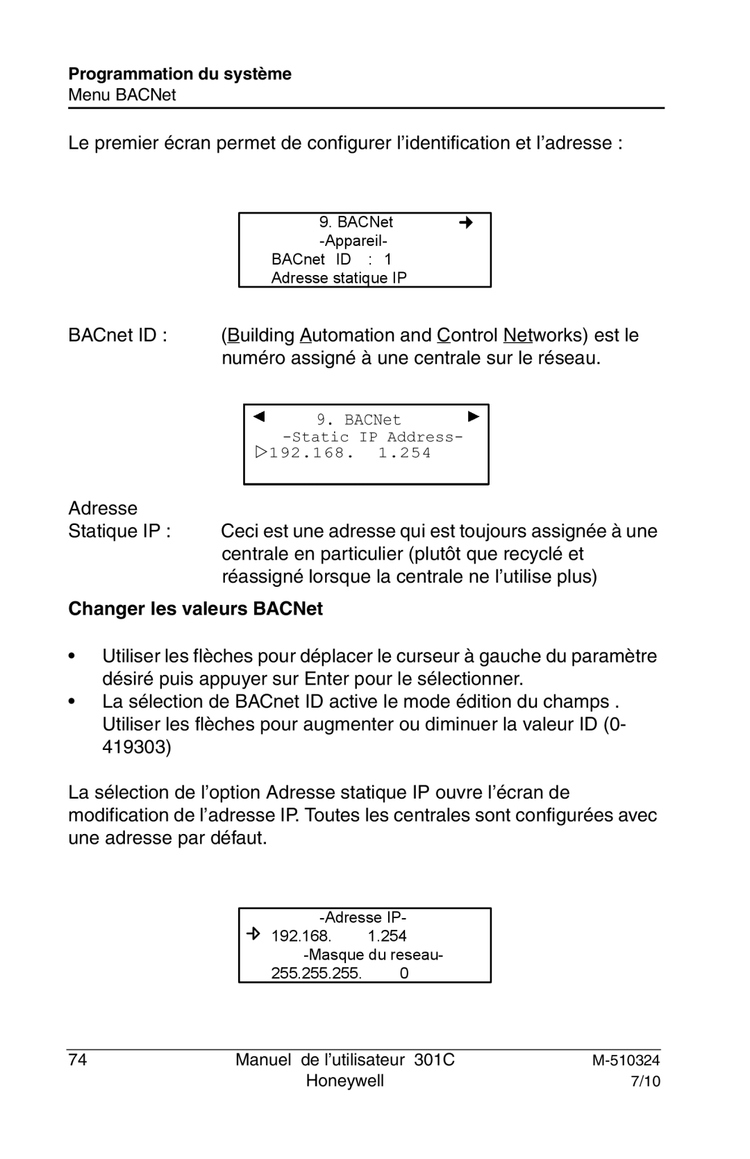 Honeywell 301c user manual Changer les valeurs BACNet 