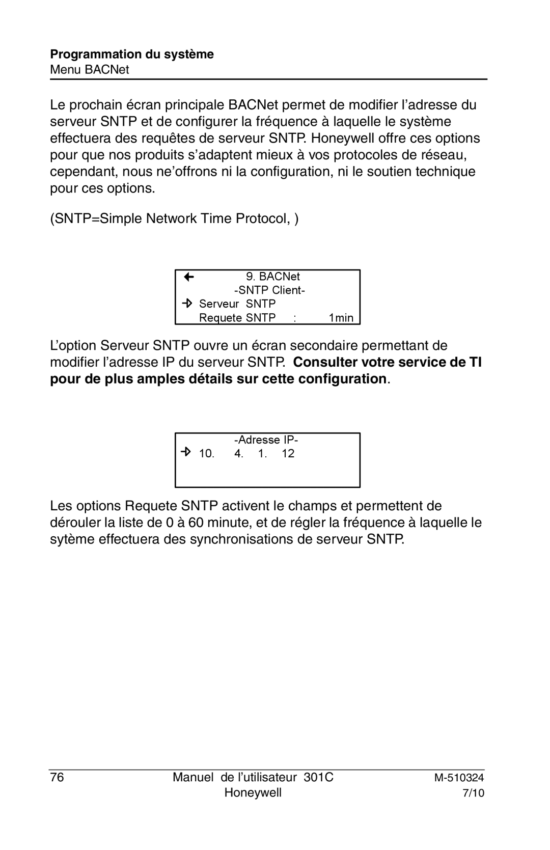 Honeywell 301c user manual BACNet Sntp Client Serveur Sntp Requete Sntp 1min 