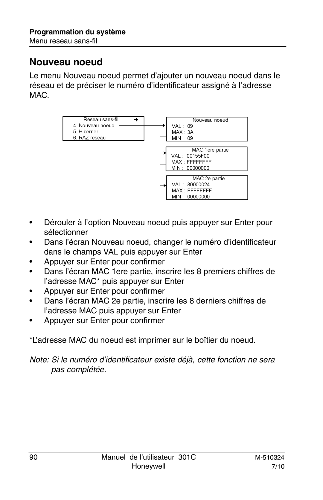 Honeywell 301c user manual Nouveau noeud 