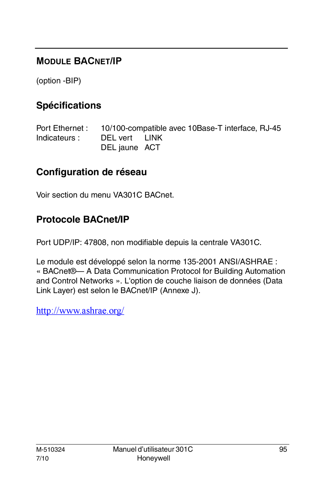 Honeywell 301c user manual Spécifications, Configuration de réseau, Protocole BACnet/IP 