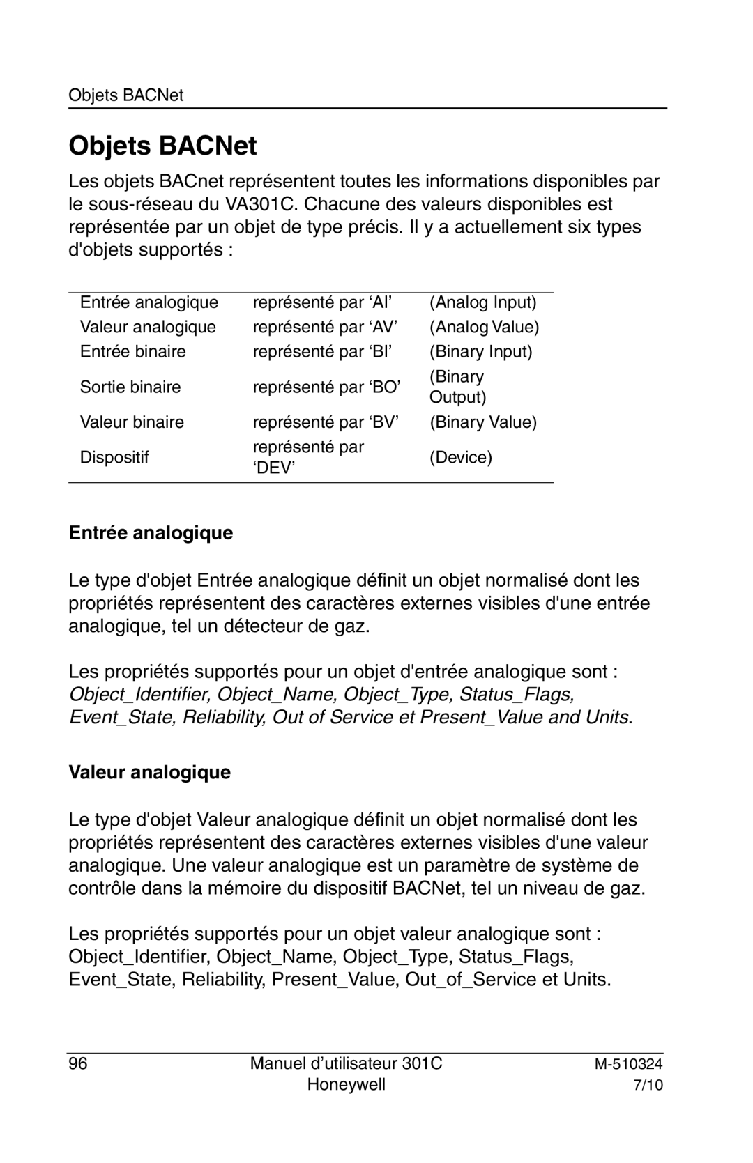 Honeywell 301c user manual Objets BACNet, Entrée analogique, Valeur analogique 