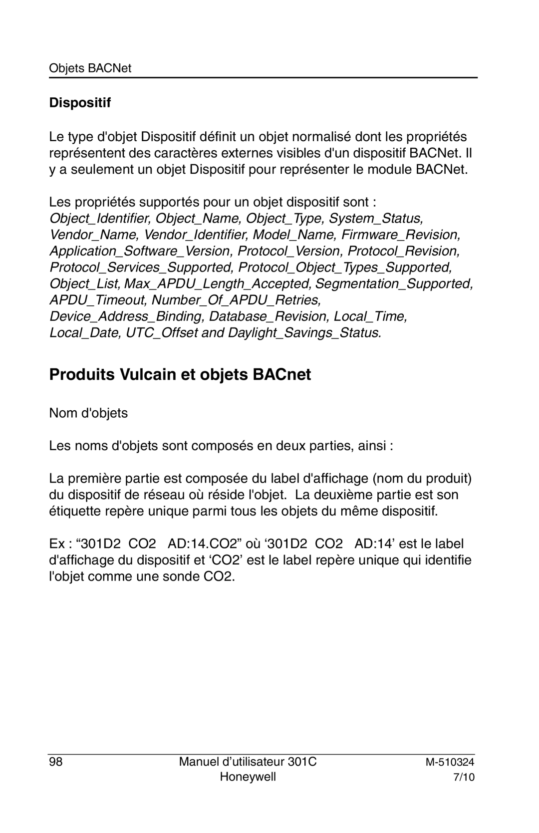 Honeywell 301c user manual Produits Vulcain et objets BACnet, Dispositif 