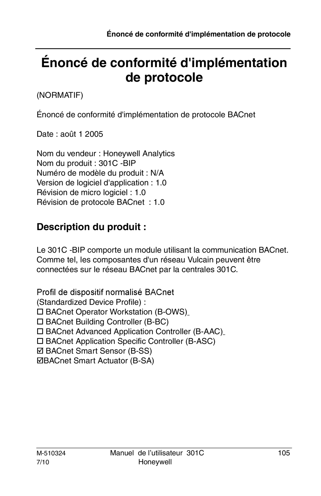 Honeywell 301c user manual Énoncé de conformité dimplémentation De protocole, Description du produit 