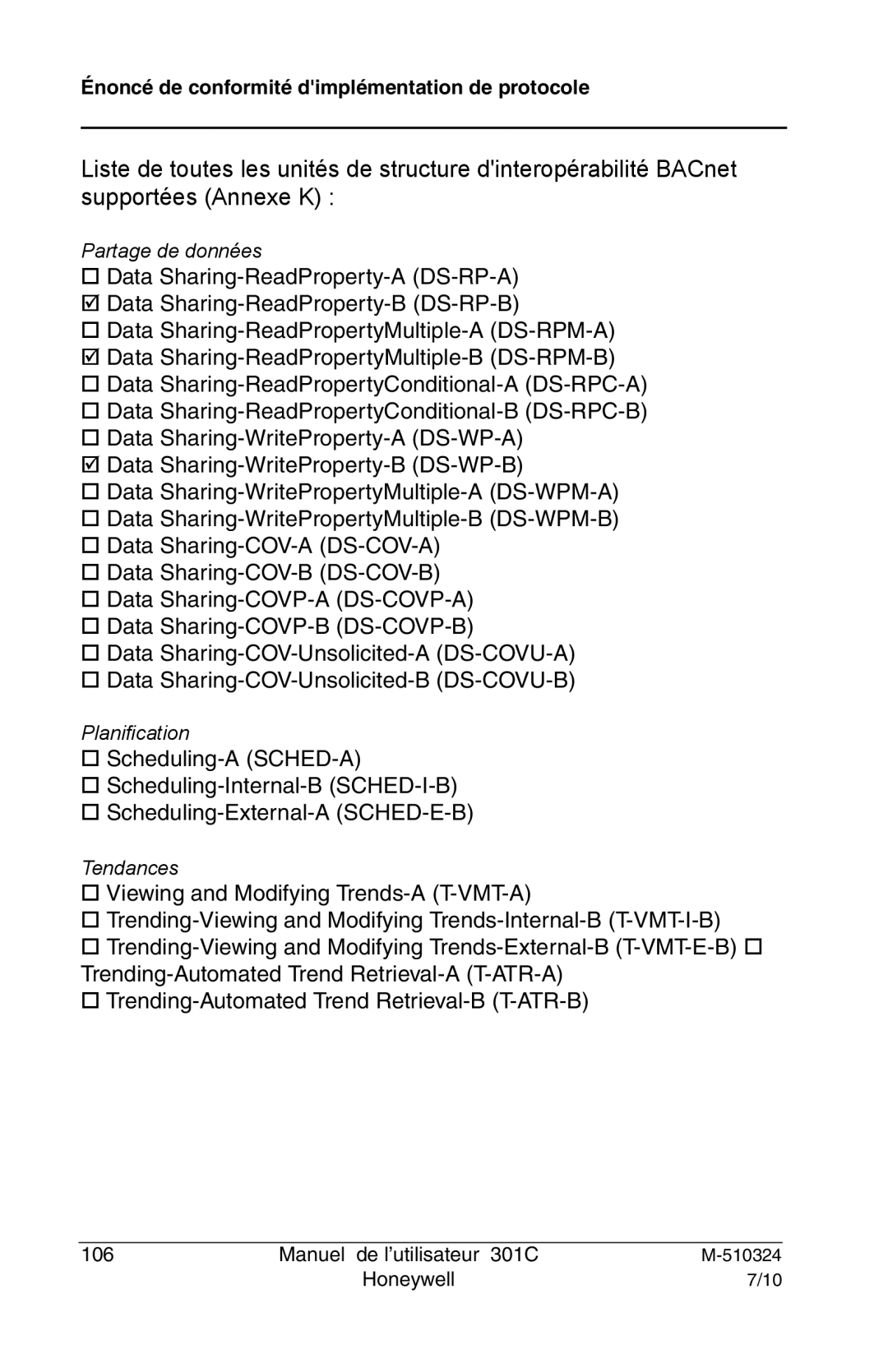 Honeywell 301c user manual Partage de données 