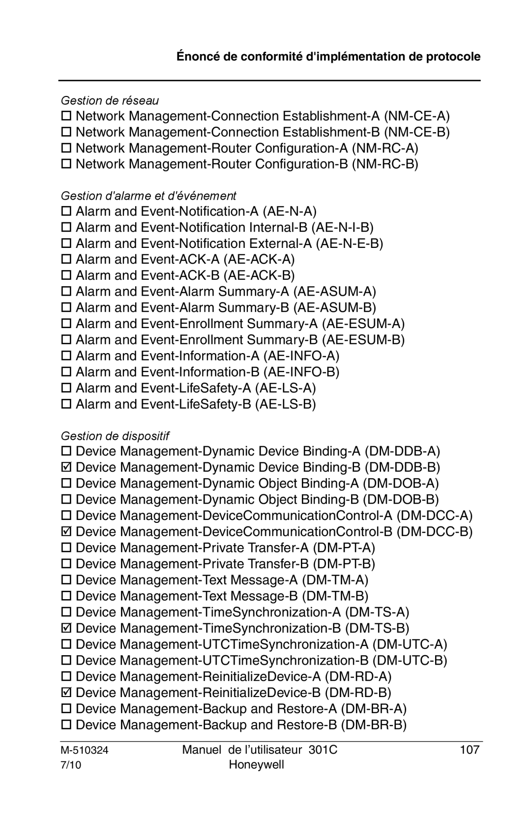 Honeywell 301c user manual Gestion de réseau 