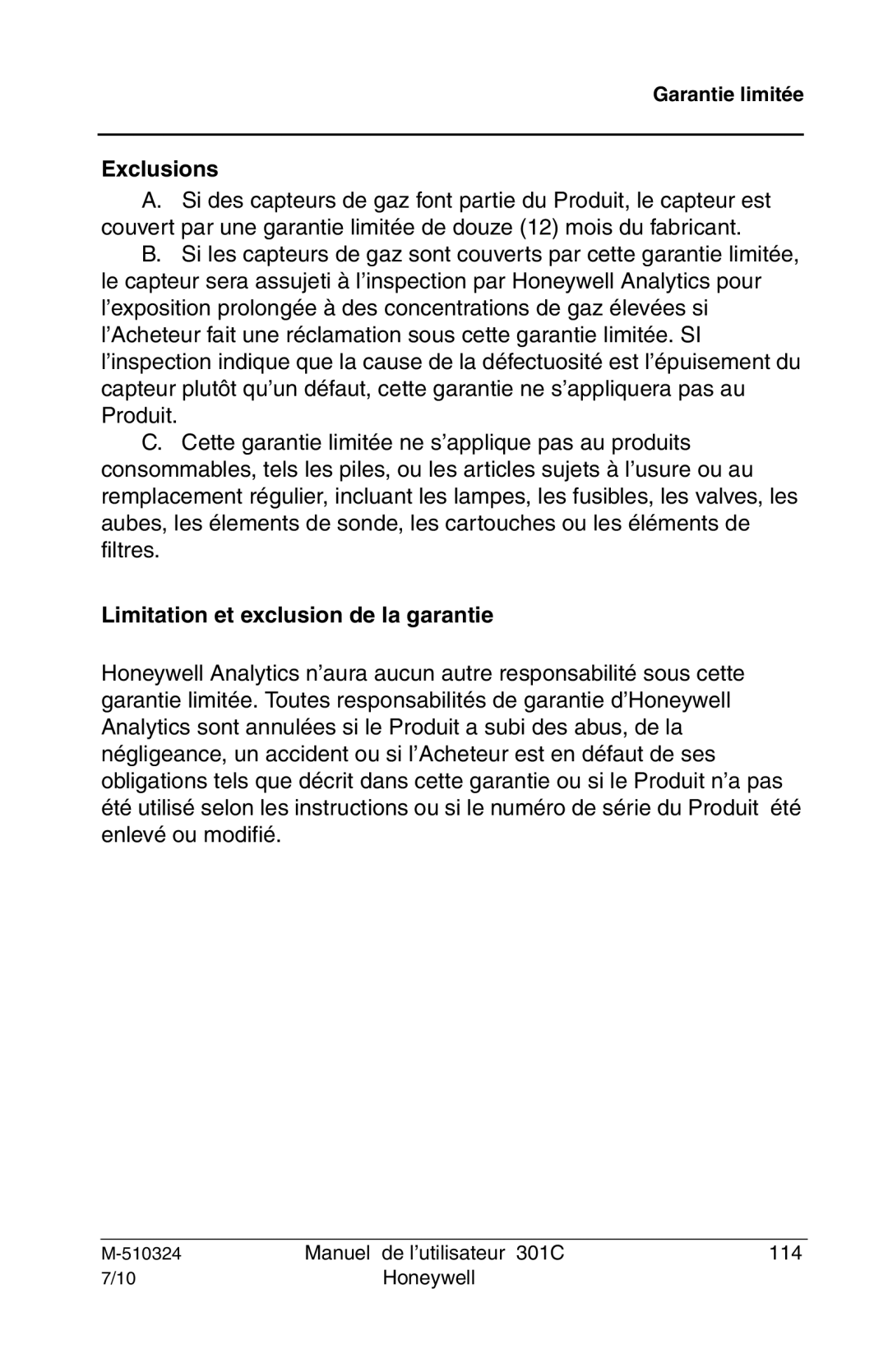 Honeywell 301c user manual Exclusions, Limitation et exclusion de la garantie 