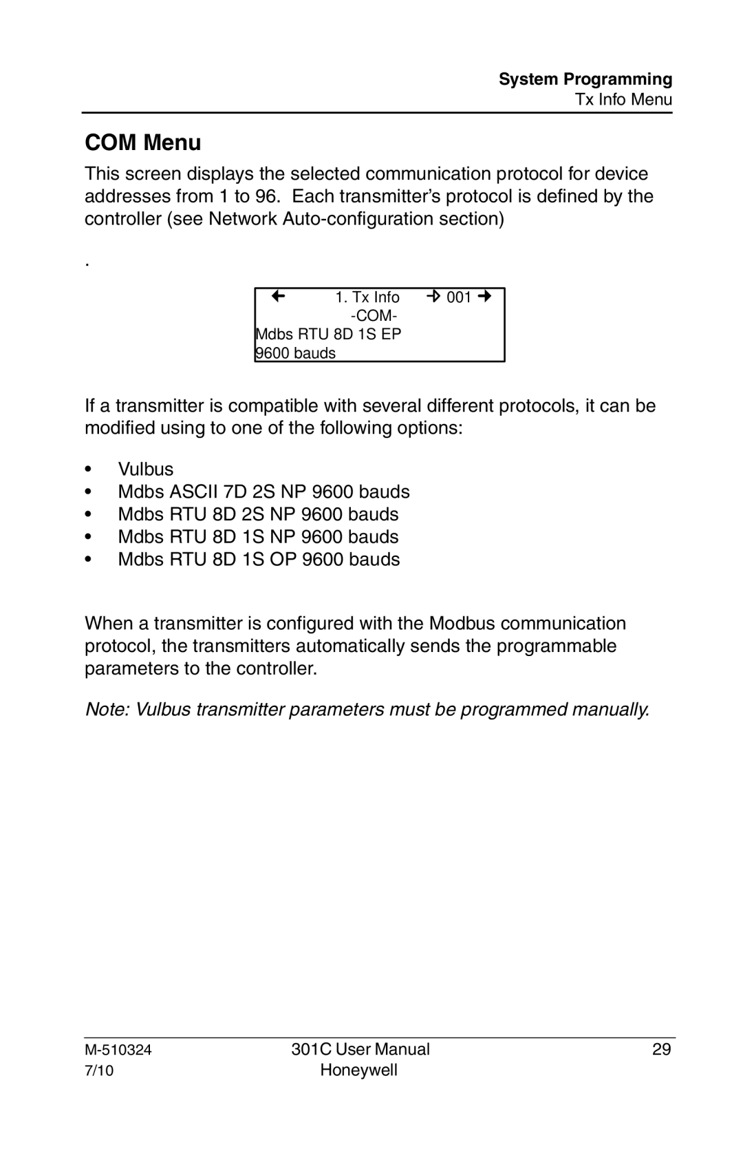 Honeywell 301c user manual COM Menu 