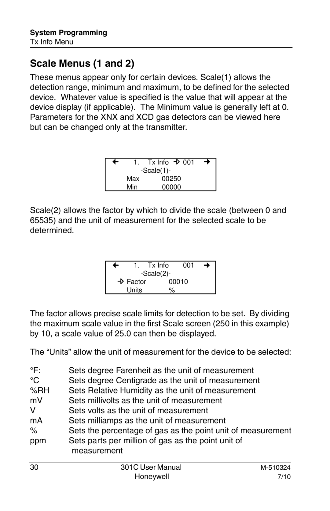 Honeywell 301c user manual Scale Menus 1 