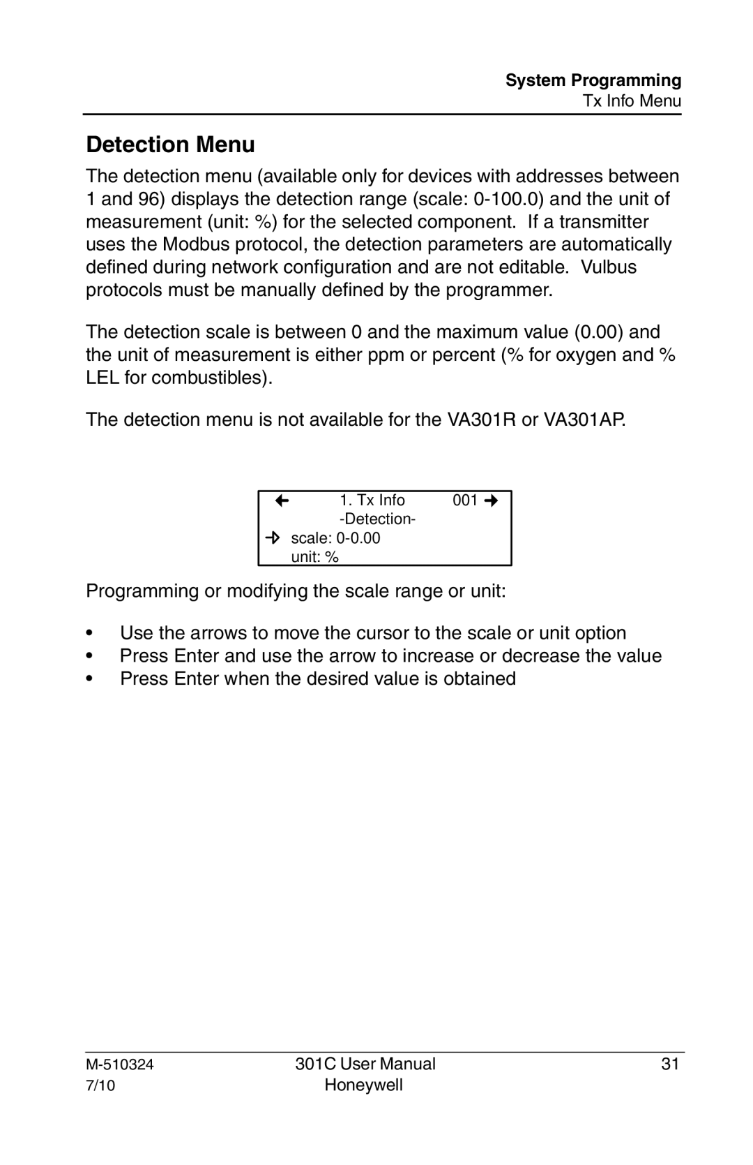 Honeywell 301c user manual Detection Menu 