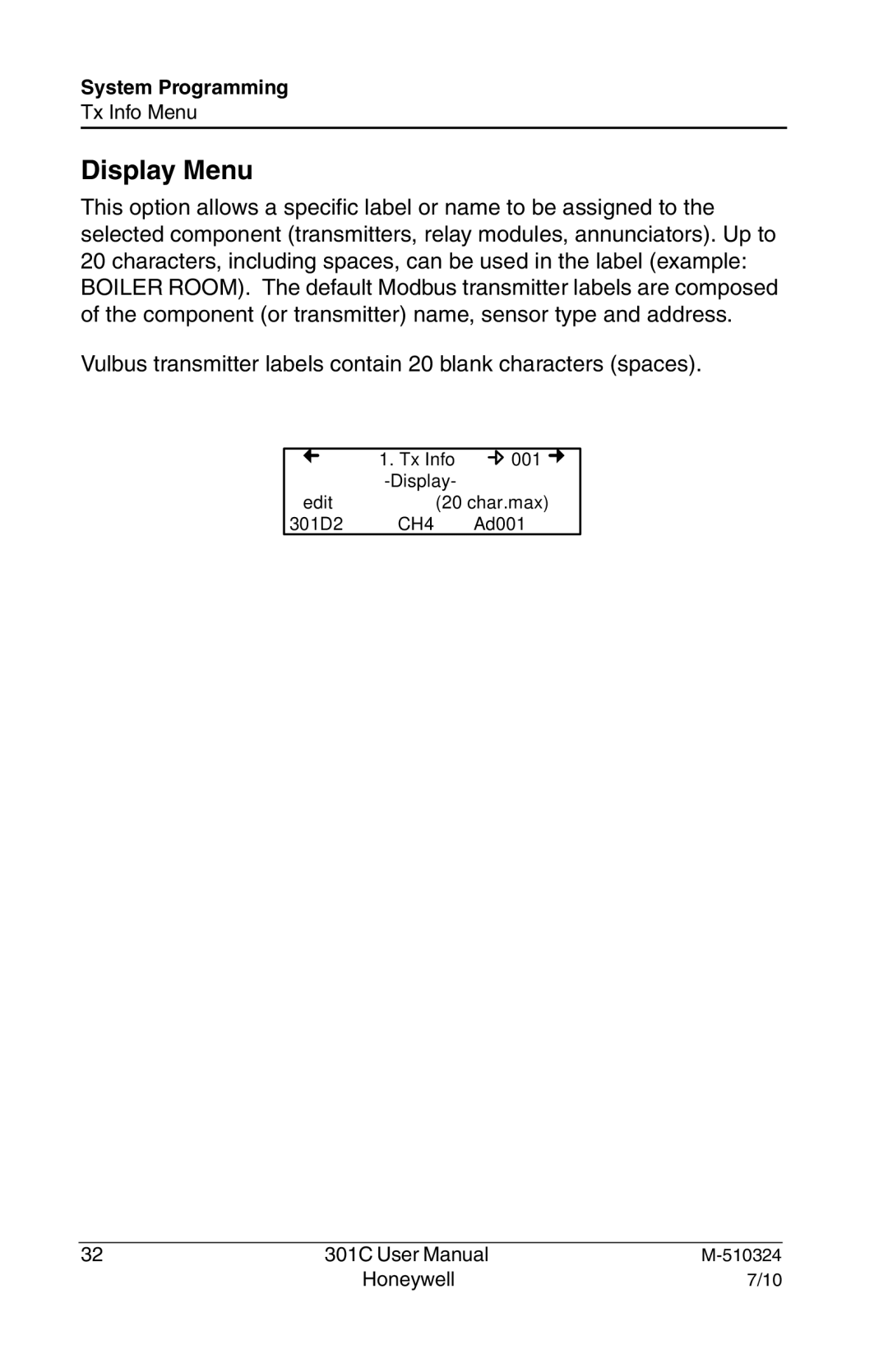 Honeywell 301c user manual Display Menu 