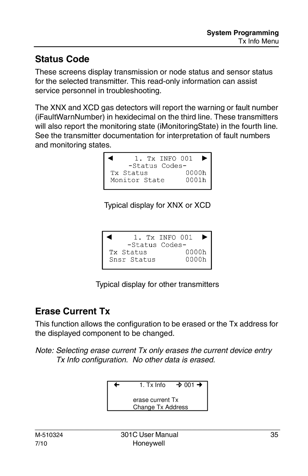 Honeywell 301c user manual Status Code, Erase Current Tx 