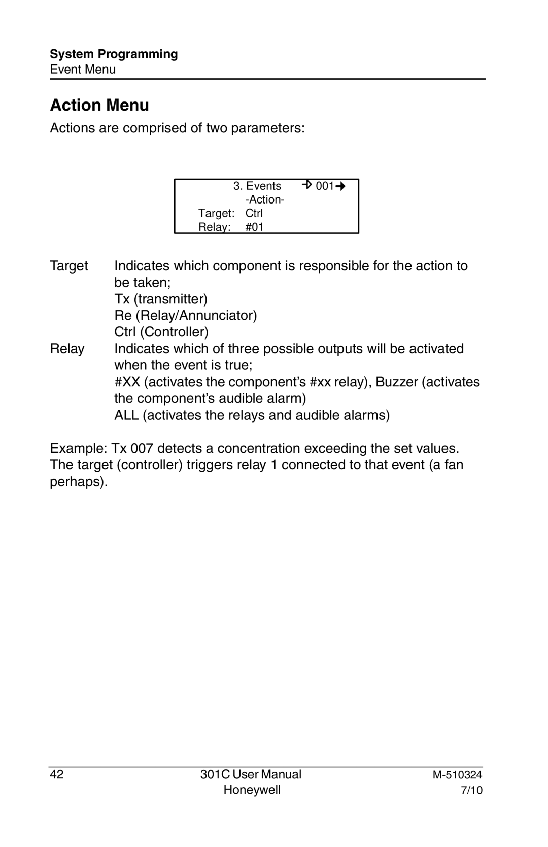 Honeywell 301c user manual Action Menu 