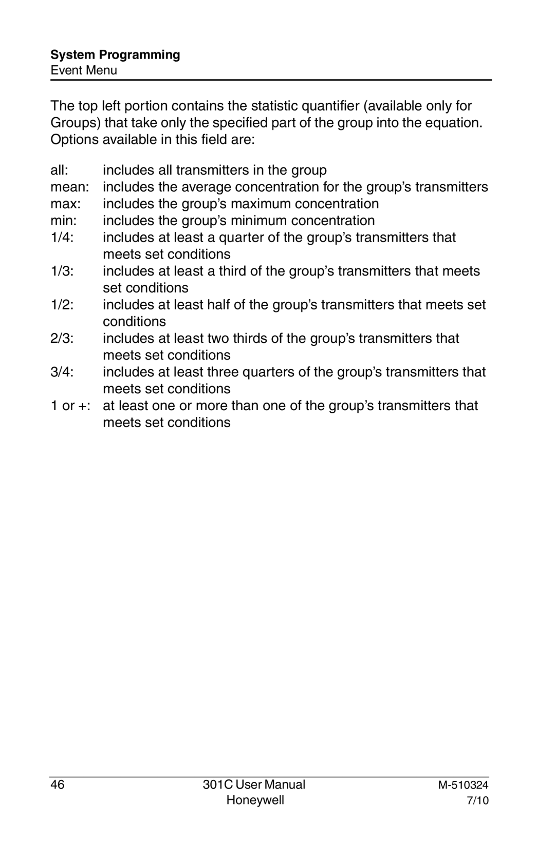 Honeywell 301c user manual System Programming 