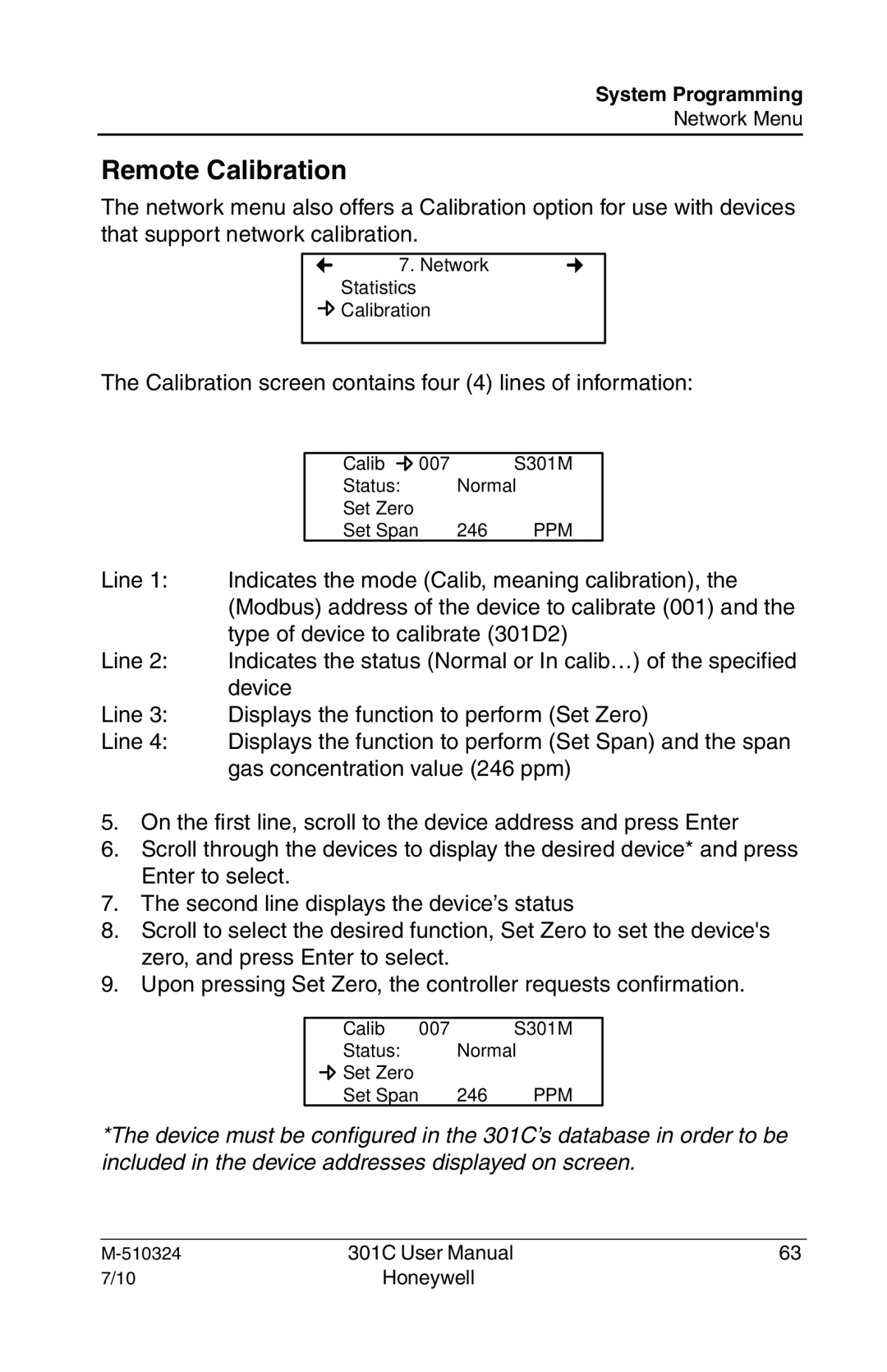 Honeywell 301c user manual Remote Calibration 