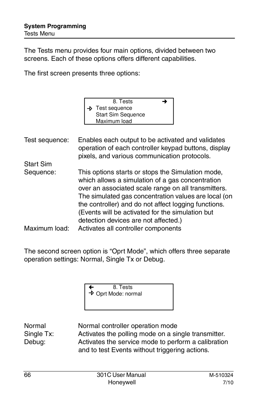 Honeywell 301c user manual Tests Test sequence Start Sim Sequence Maximum load 