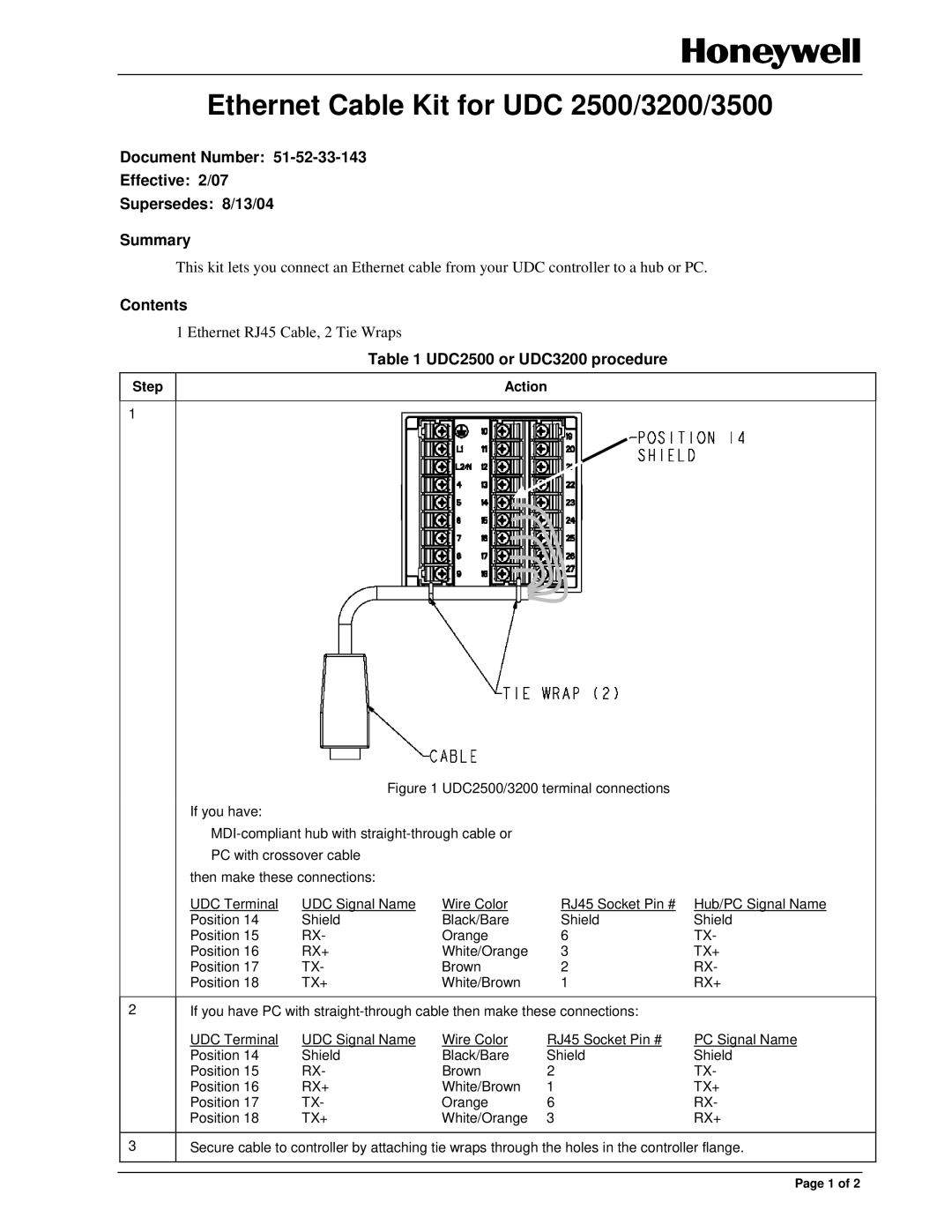 Honeywell manual Ethernet Cable Kit for UDC 2500/3200/3500, Document Number Effective 2/07 Supersedes 8/13/04 Summary 