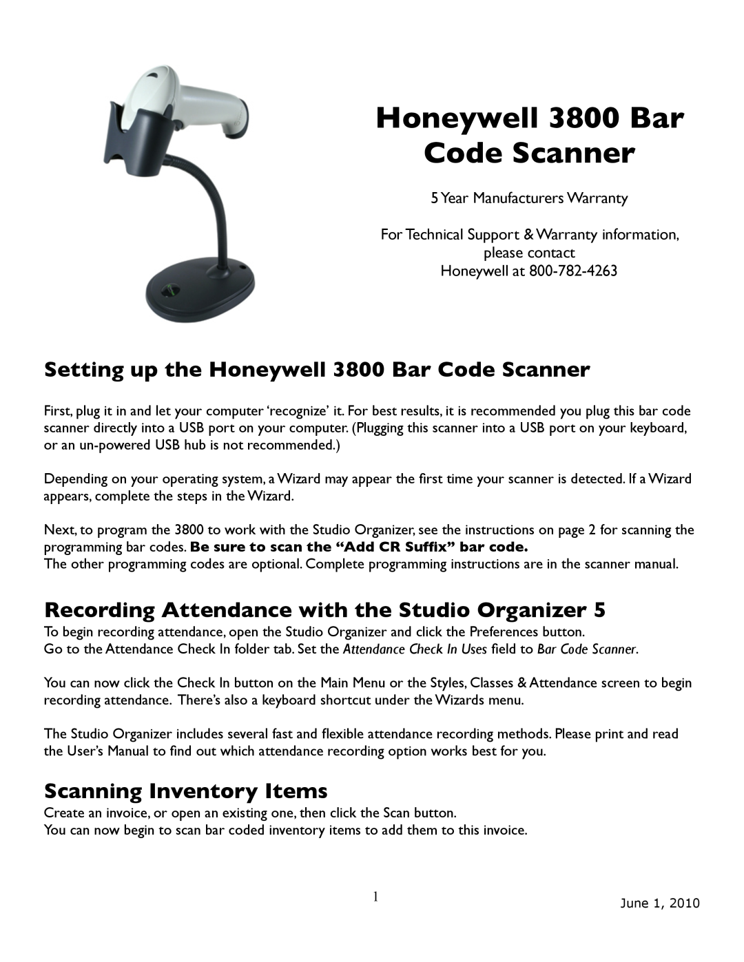 Honeywell user manual Setting up the Honeywell 3800 Bar Code Scanner, Scanning Inventory Items, Honeywell at 