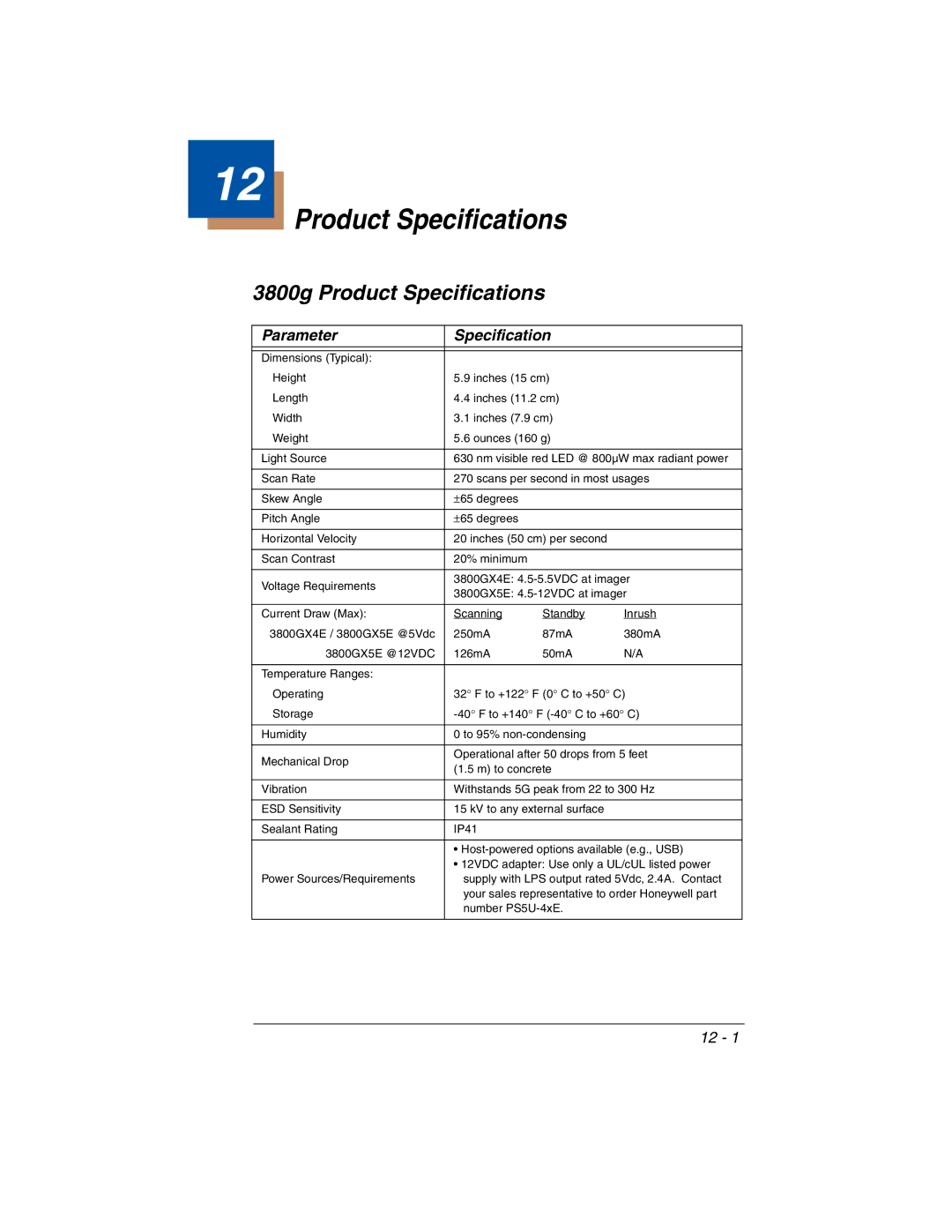 Honeywell 3800gHD manual 3800g Product Specifications, Parameter Specification 