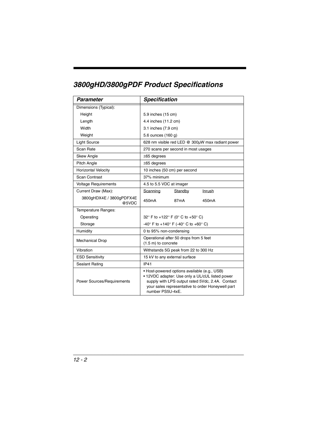 Honeywell 3800gHD manual @5VDC 