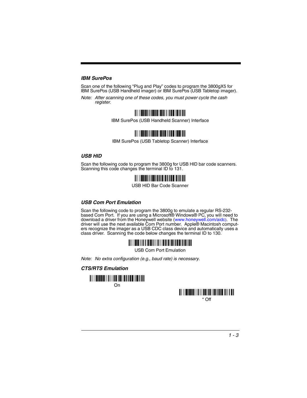 Honeywell 3800gHD manual IBM SurePos, USB Com Port Emulation, CTS/RTS Emulation 