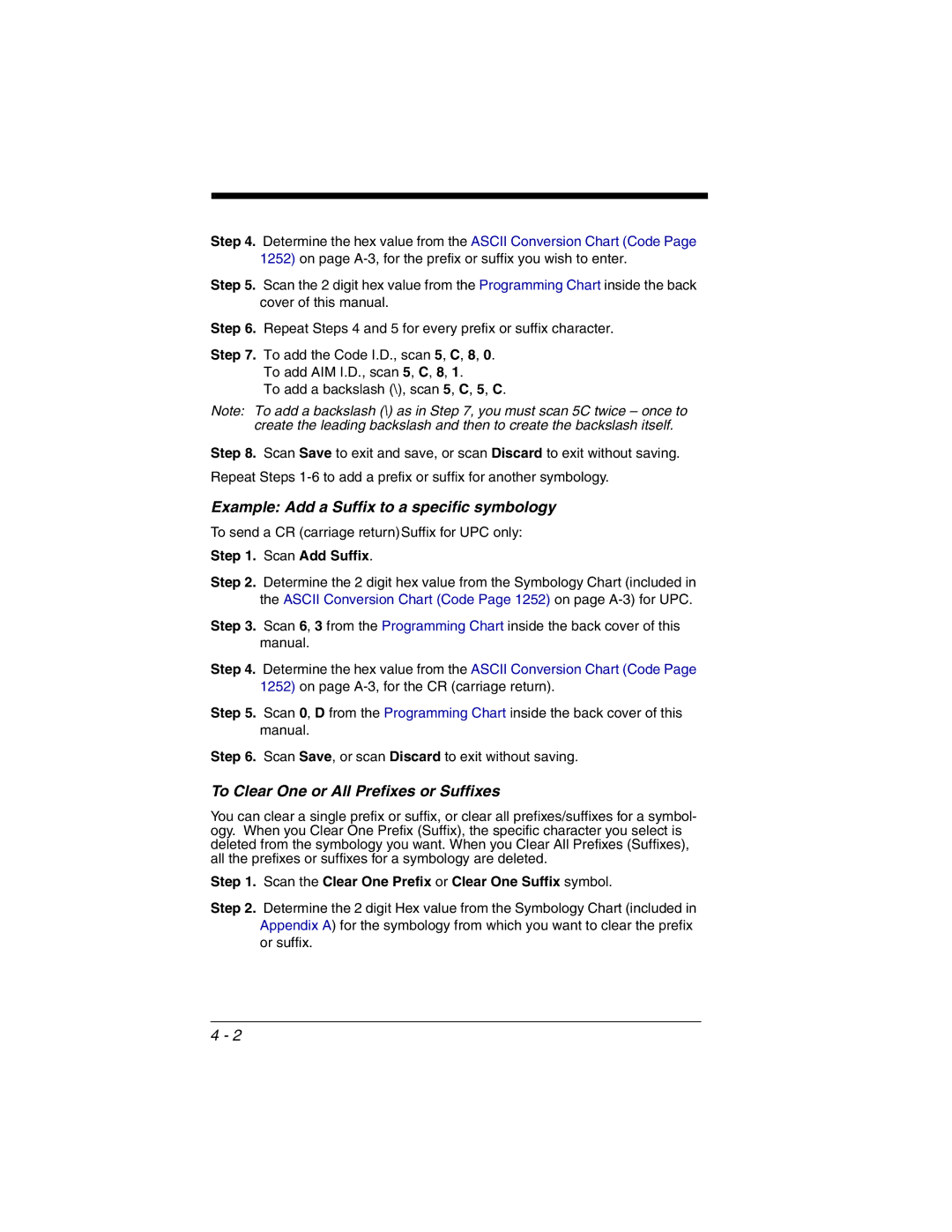 Honeywell 3800gHD Example Add a Suffix to a specific symbology, To Clear One or All Prefixes or Suffixes, Scan Add Suffix 