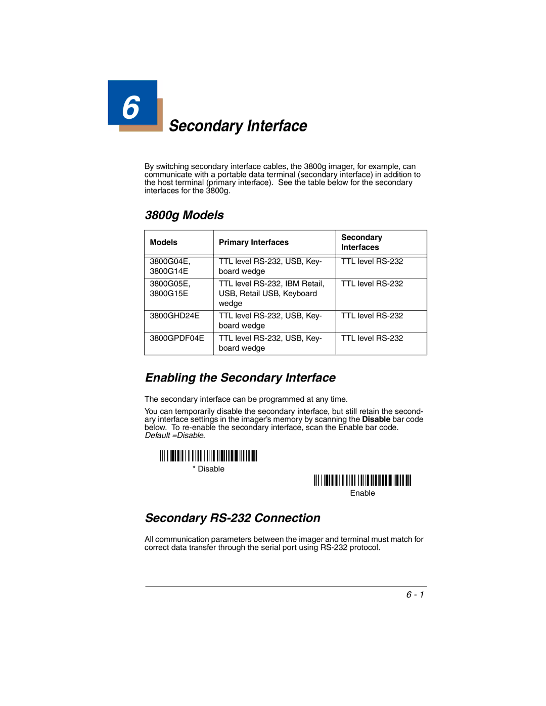 Honeywell 3800gHD manual Enabling the Secondary Interface, Secondary RS-232 Connection 