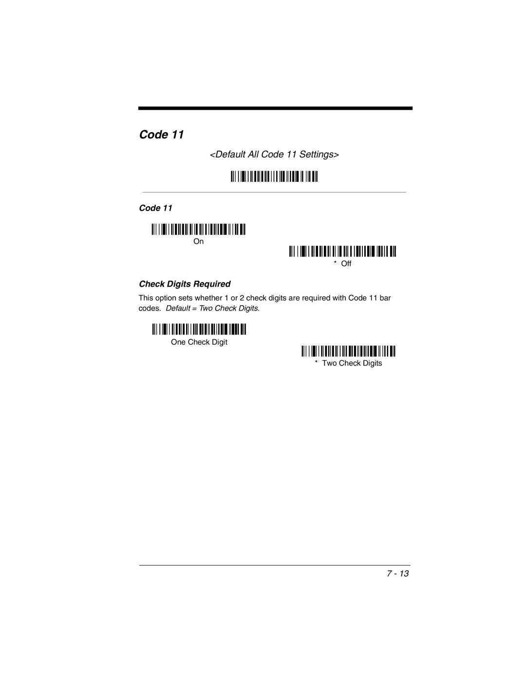 Honeywell 3800gHD manual Default All Code 11 Settings, Check Digits Required 