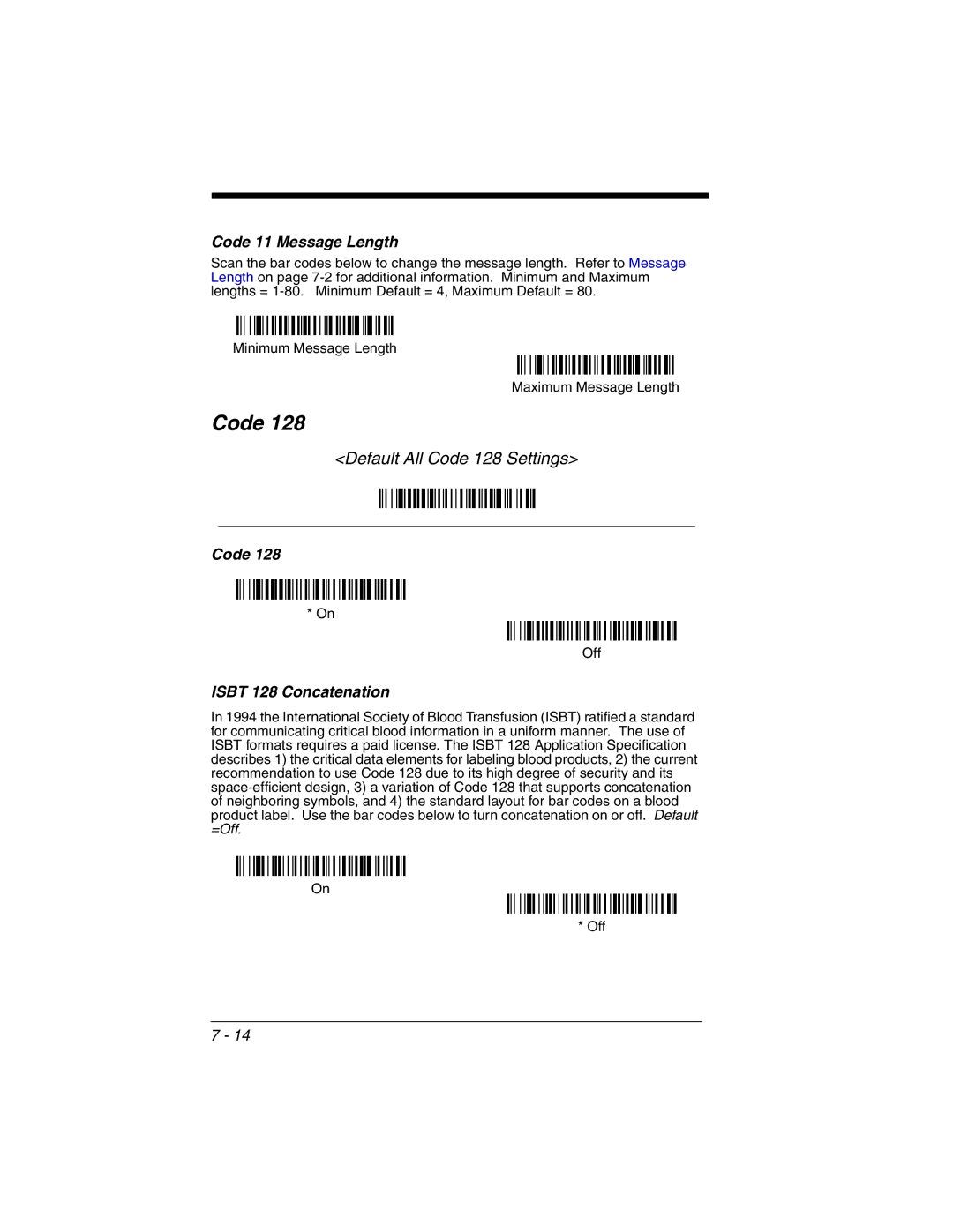 Honeywell 3800gHD manual Default All Code 128 Settings, Code 11 Message Length, Isbt 128 Concatenation 