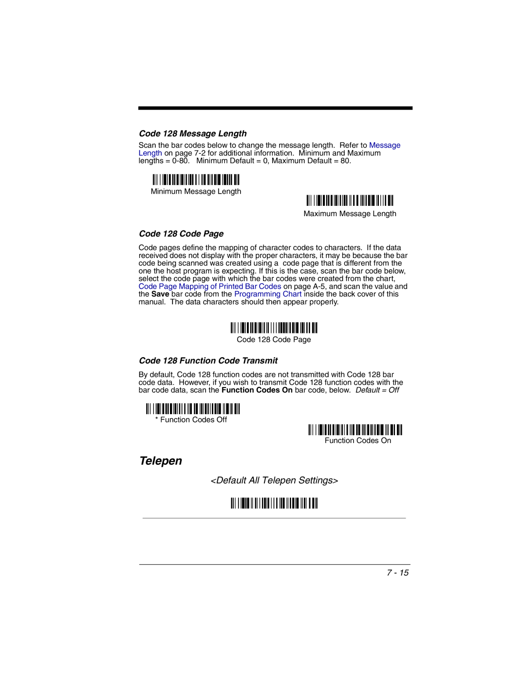 Honeywell 3800gHD manual Default All Telepen Settings, Code 128 Message Length, Code 128 Code 