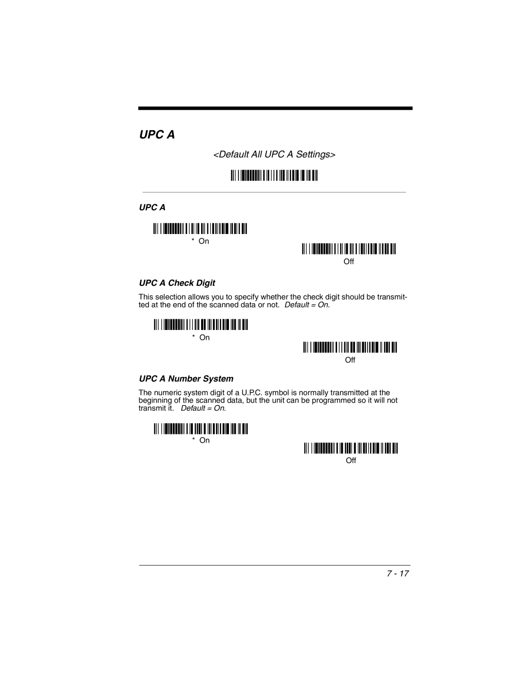 Honeywell 3800gHD manual Default All UPC a Settings, UPC a Check Digit, UPC a Number System 