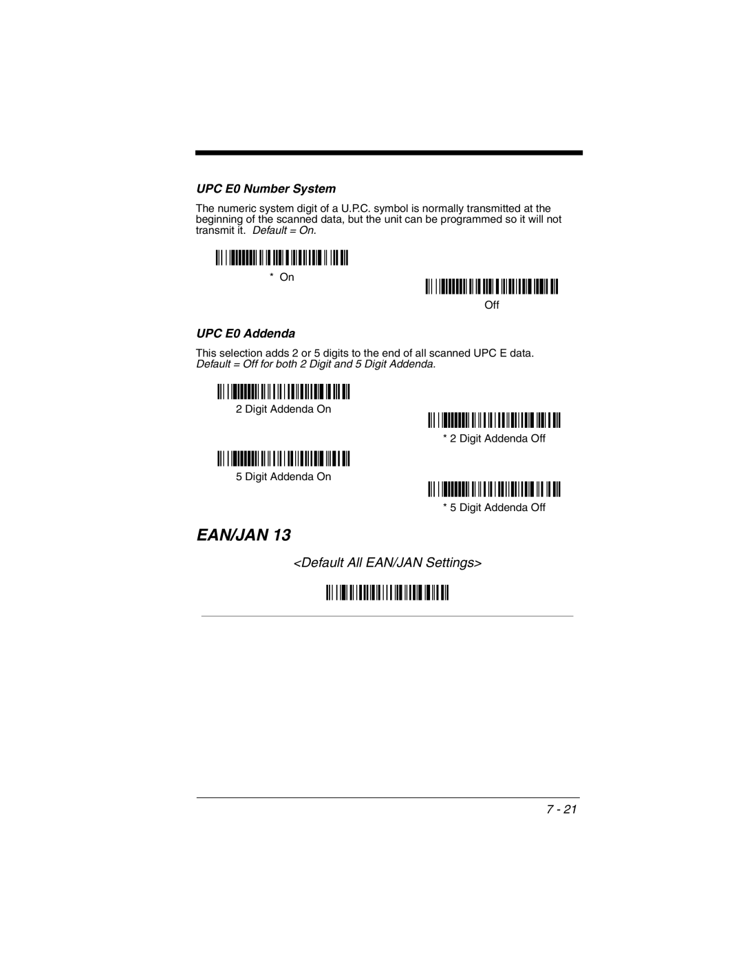 Honeywell 3800gHD manual Default All EAN/JAN Settings, UPC E0 Number System, UPC E0 Addenda 