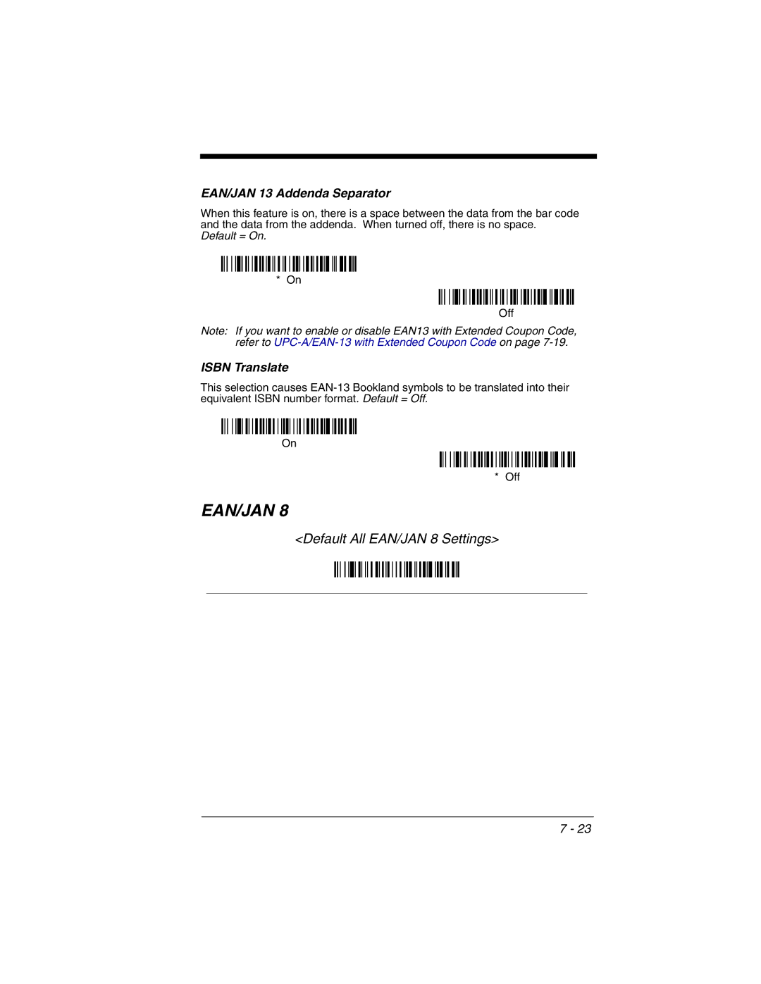 Honeywell 3800gHD manual Default All EAN/JAN 8 Settings, EAN/JAN 13 Addenda Separator, Isbn Translate 