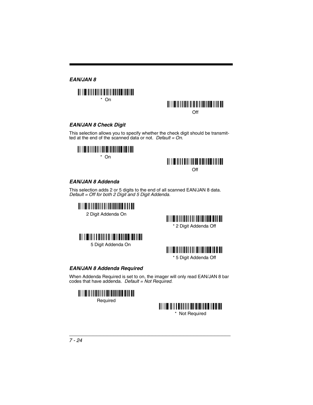 Honeywell 3800gHD manual EAN/JAN 8 Check Digit, EAN/JAN 8 Addenda Required 