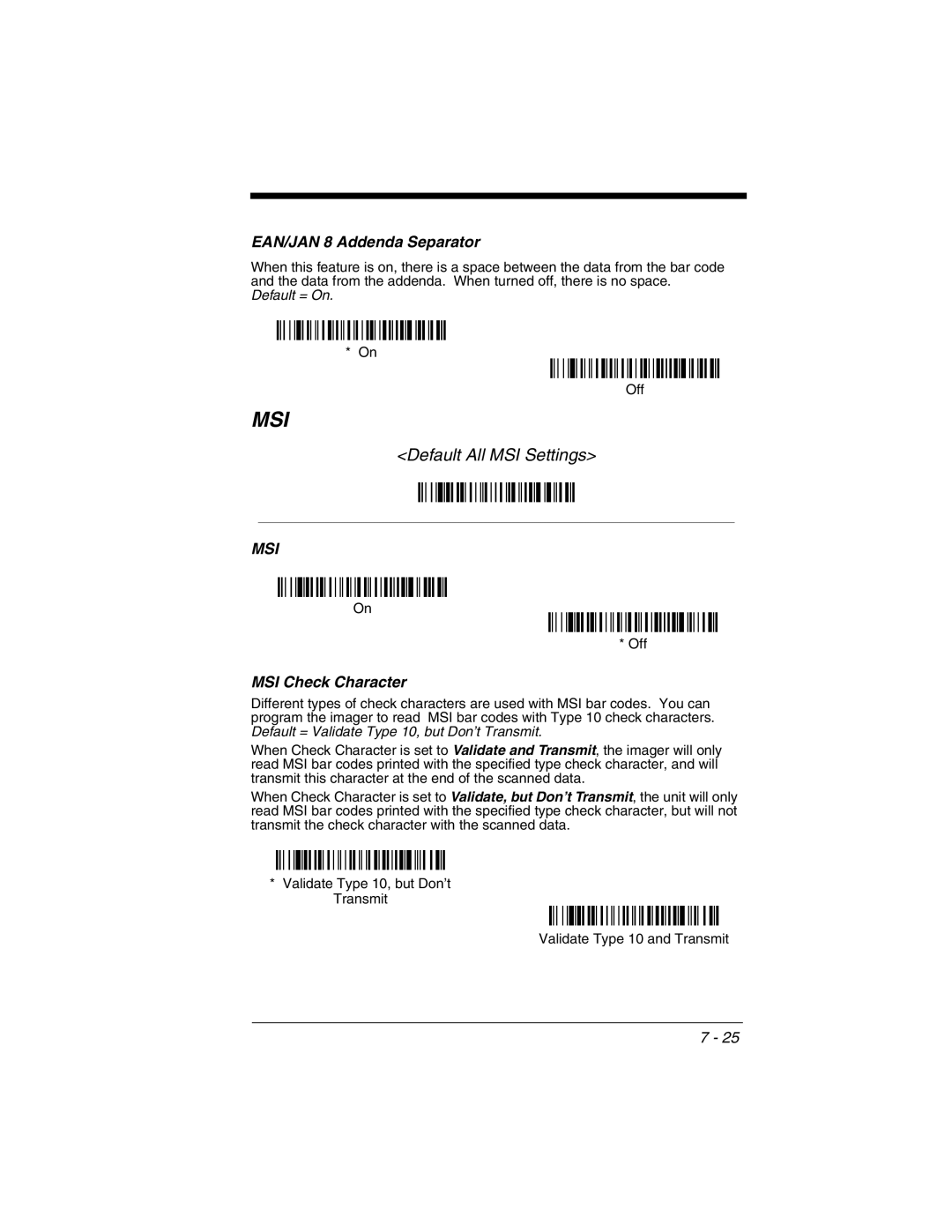 Honeywell 3800gHD manual Default All MSI Settings, EAN/JAN 8 Addenda Separator, MSI Check Character 