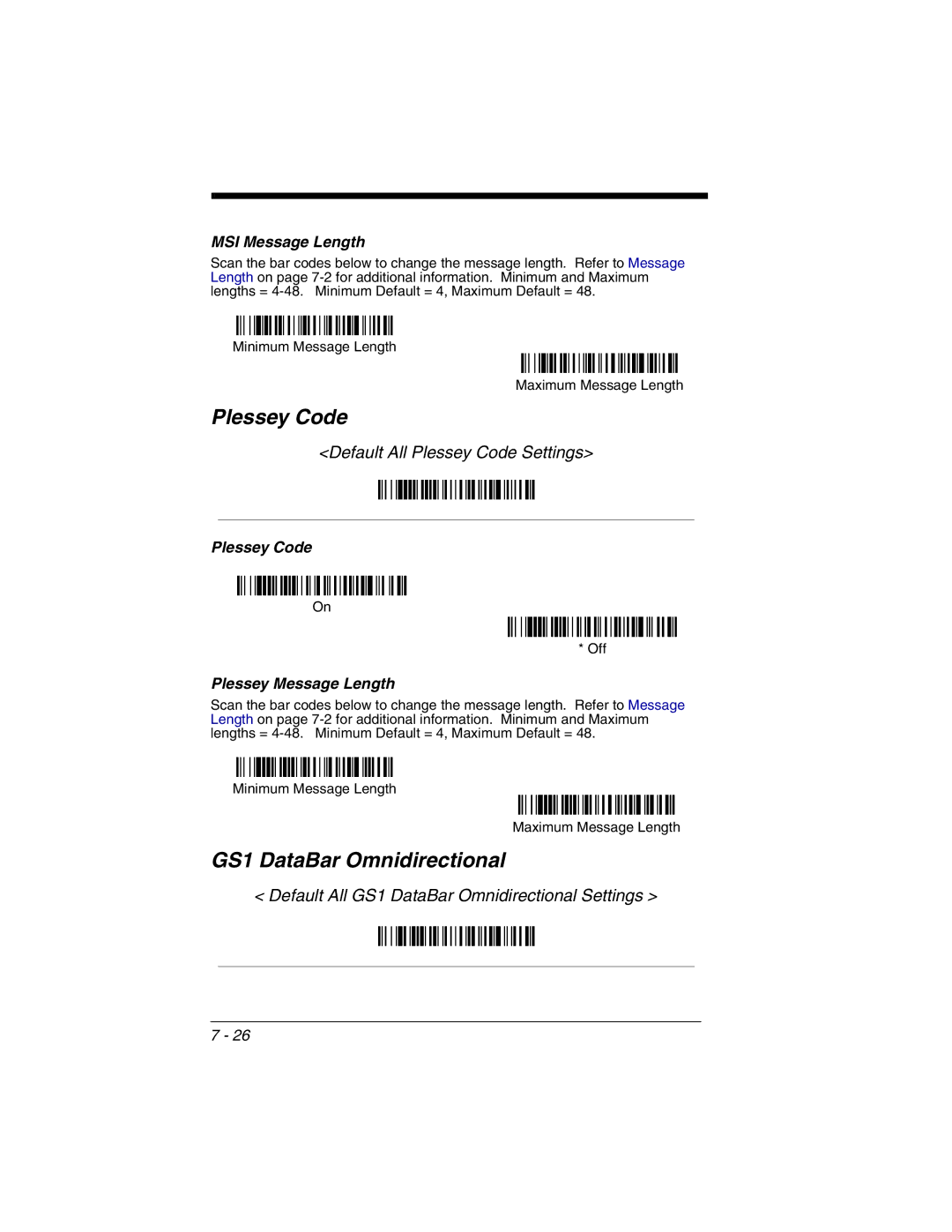 Honeywell 3800gHD manual GS1 DataBar Omnidirectional, Default All Plessey Code Settings 