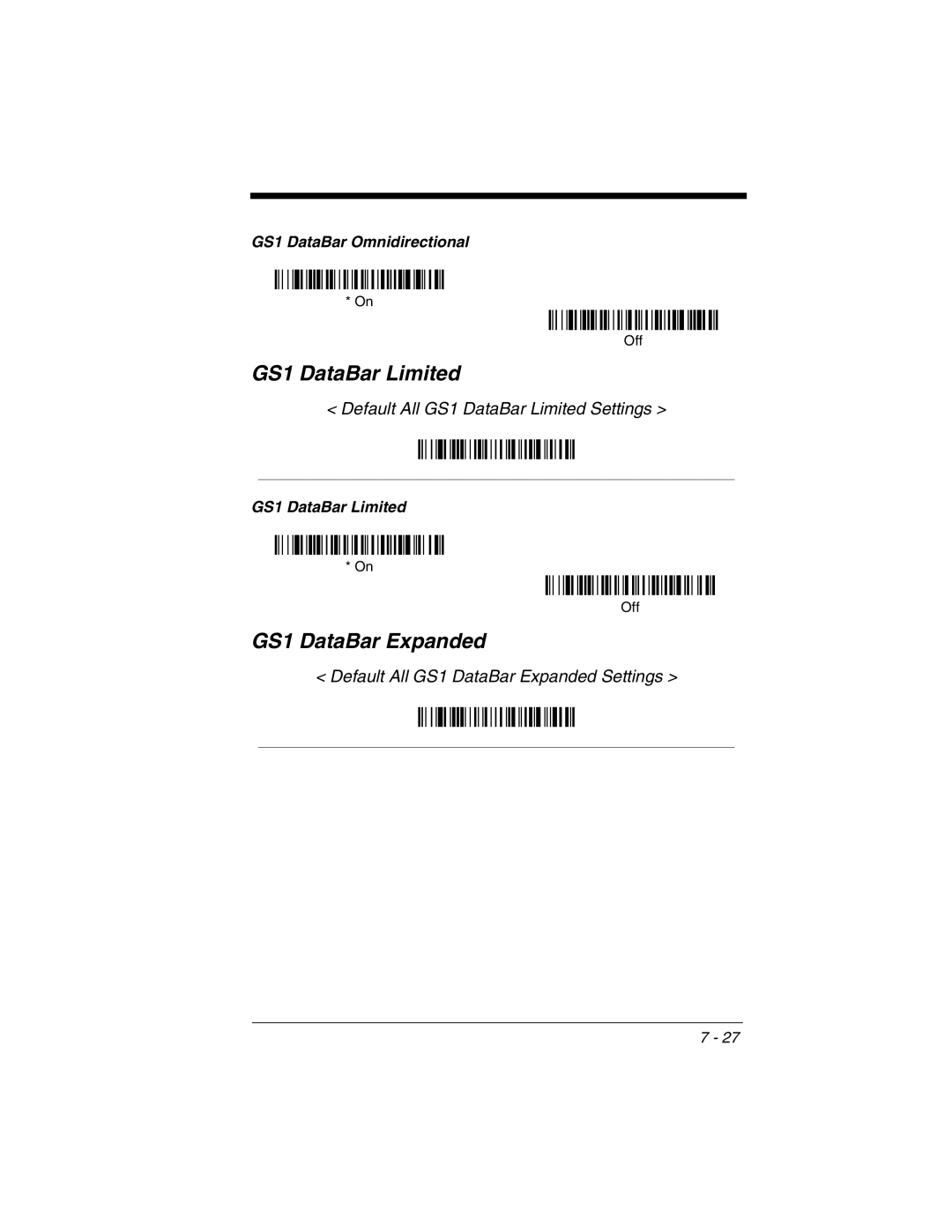 Honeywell 3800gHD manual GS1 DataBar Expanded, Default All GS1 DataBar Limited Settings 