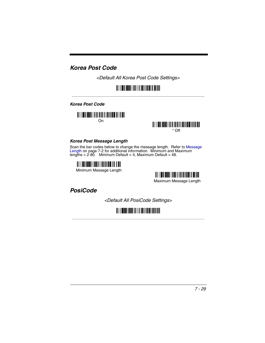 Honeywell 3800gHD manual Default All Korea Post Code Settings, Default All PosiCode Settings 