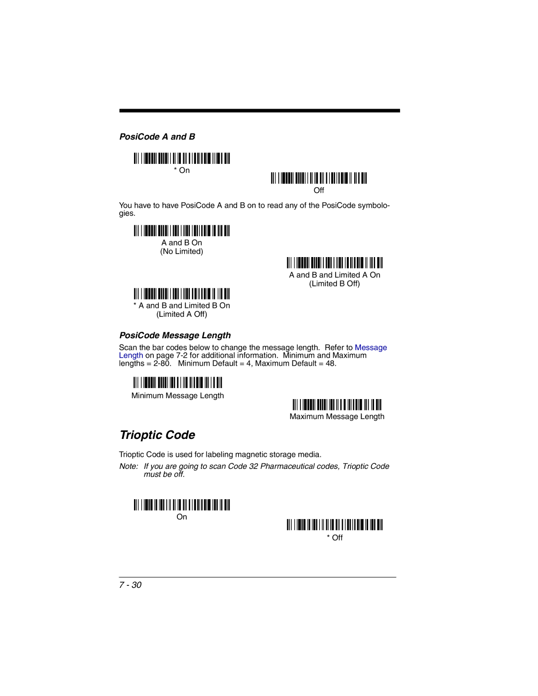 Honeywell 3800gHD manual Trioptic Code, PosiCode a and B, PosiCode Message Length 