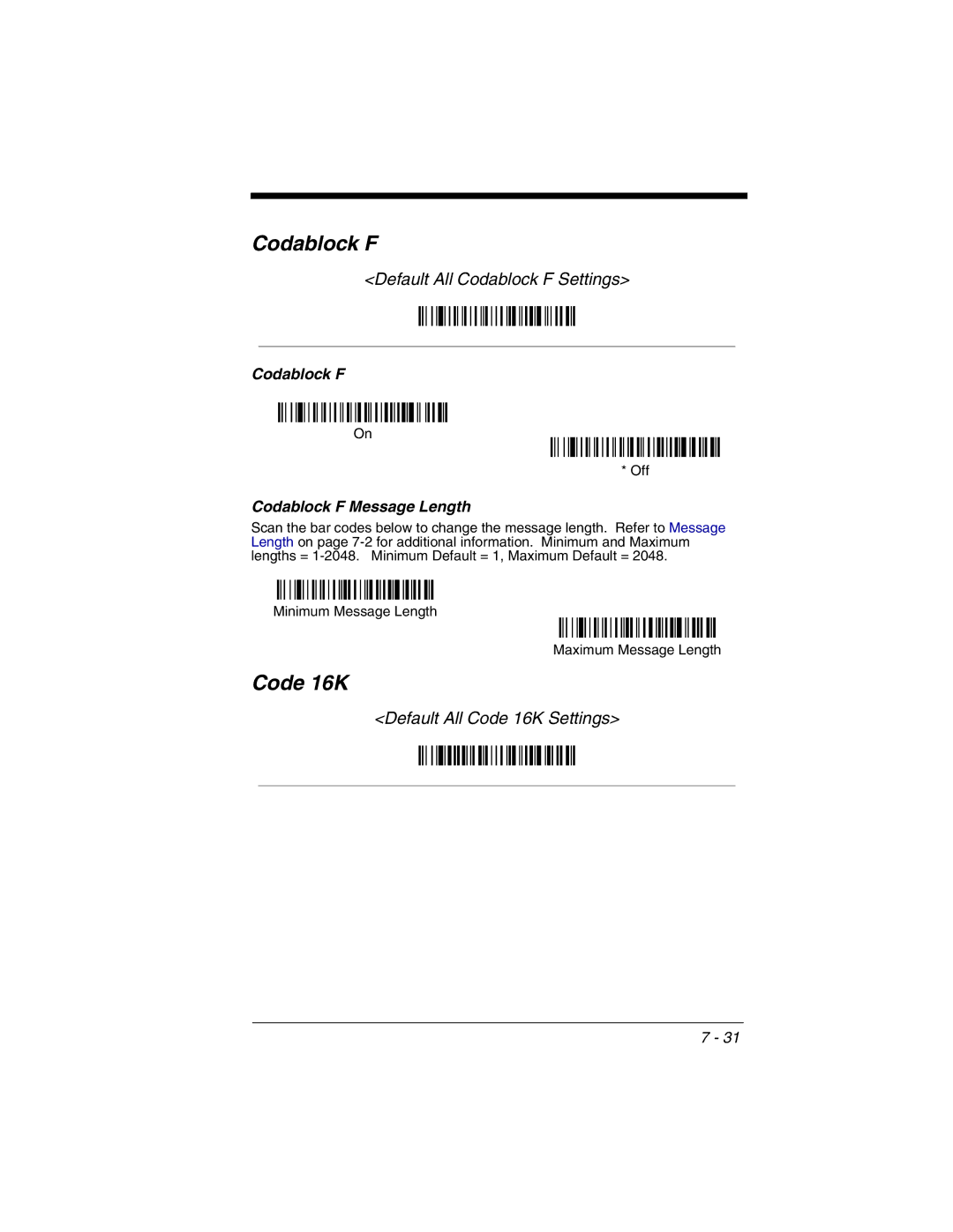 Honeywell 3800gHD manual Default All Codablock F Settings, Default All Code 16K Settings 