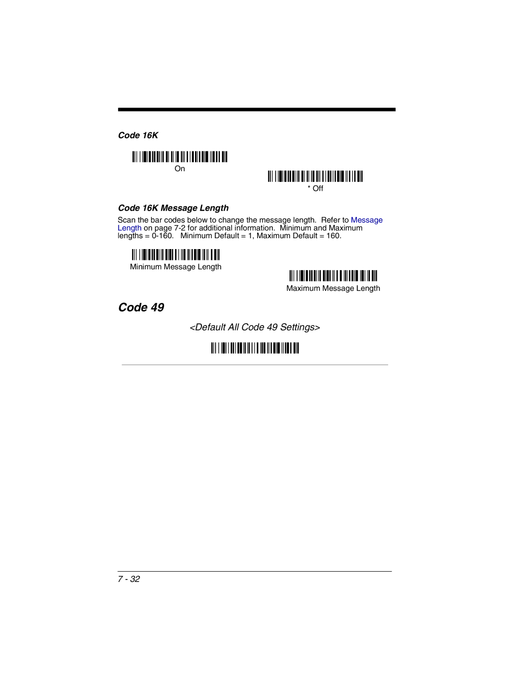 Honeywell 3800gHD manual Default All Code 49 Settings, Code 16K Message Length 