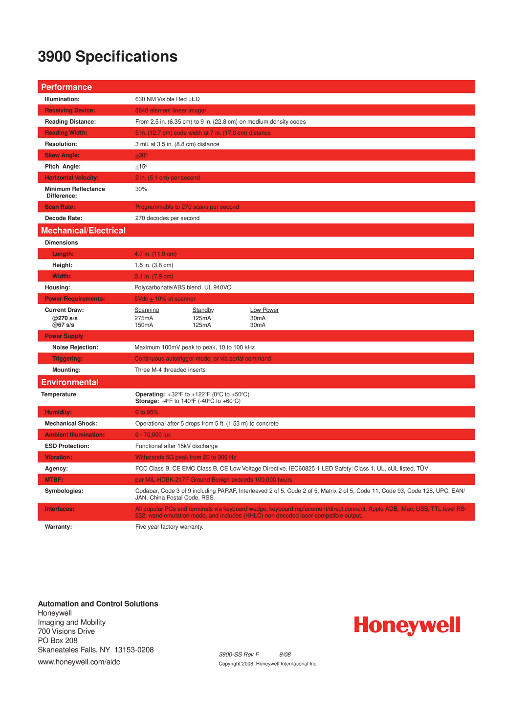 Honeywell 3900 warranty Performance, Mechanical/Electrical, Environmental 