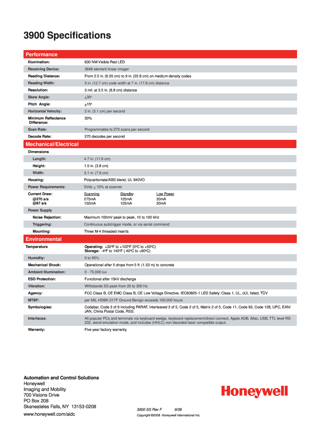Honeywell 3900 warranty Speciﬁcations, Performance, Mechanical/Electrical, Environmental, 9/08, SS Rev F 