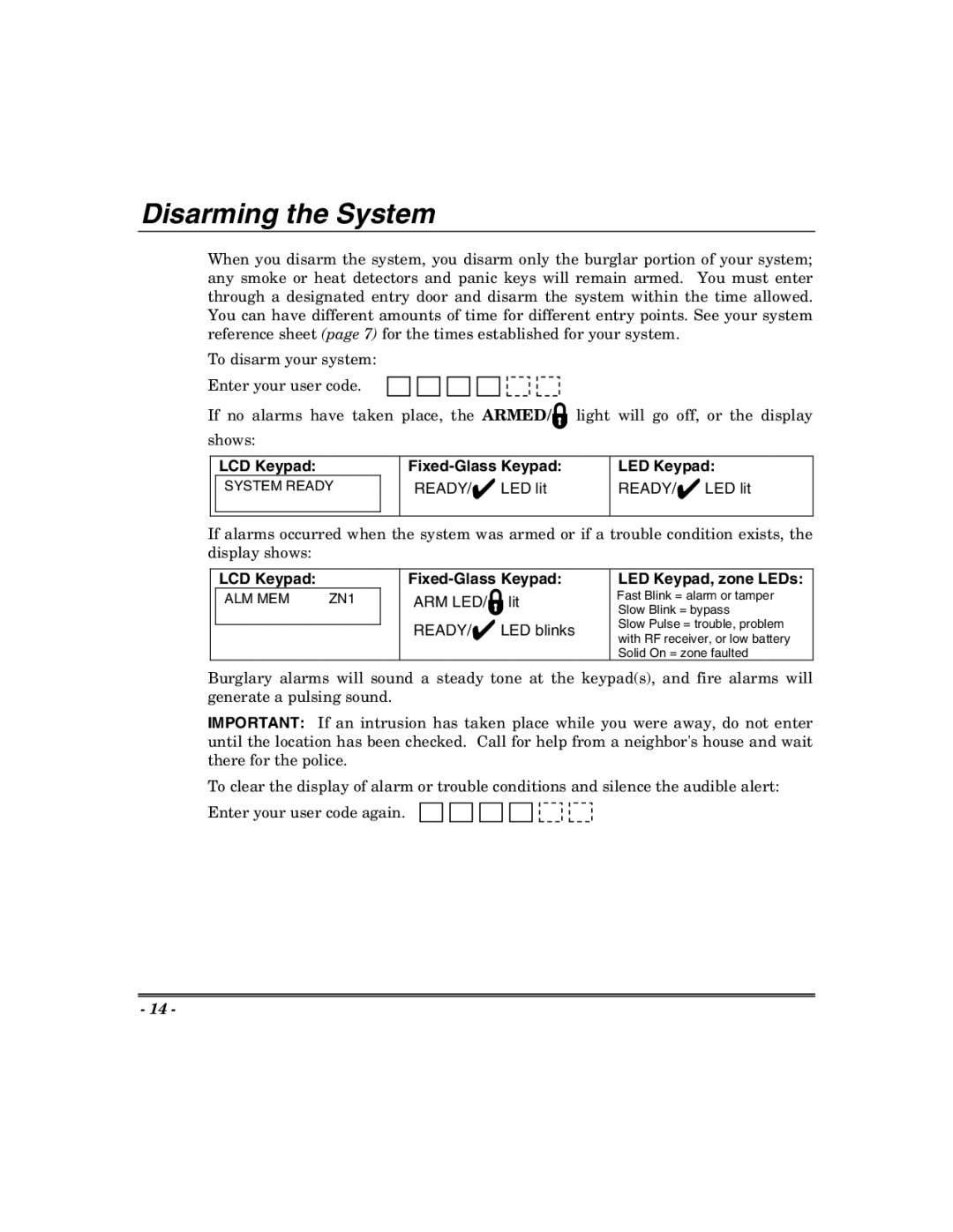 Honeywell 624, 400 Disarming the System, LCD Keypad Fixed-Glass Keypad LED Keypad, READY/ LED lit, LED Keypad, zone LEDs 