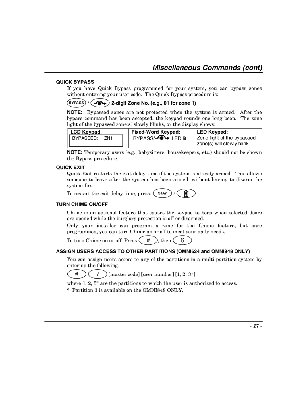 Honeywell 600, 400 Miscellaneous Commands, Quick Bypass, Digit Zone No. e.g., 01 for zone, Quick Exit, Turn Chime ON/OFF 