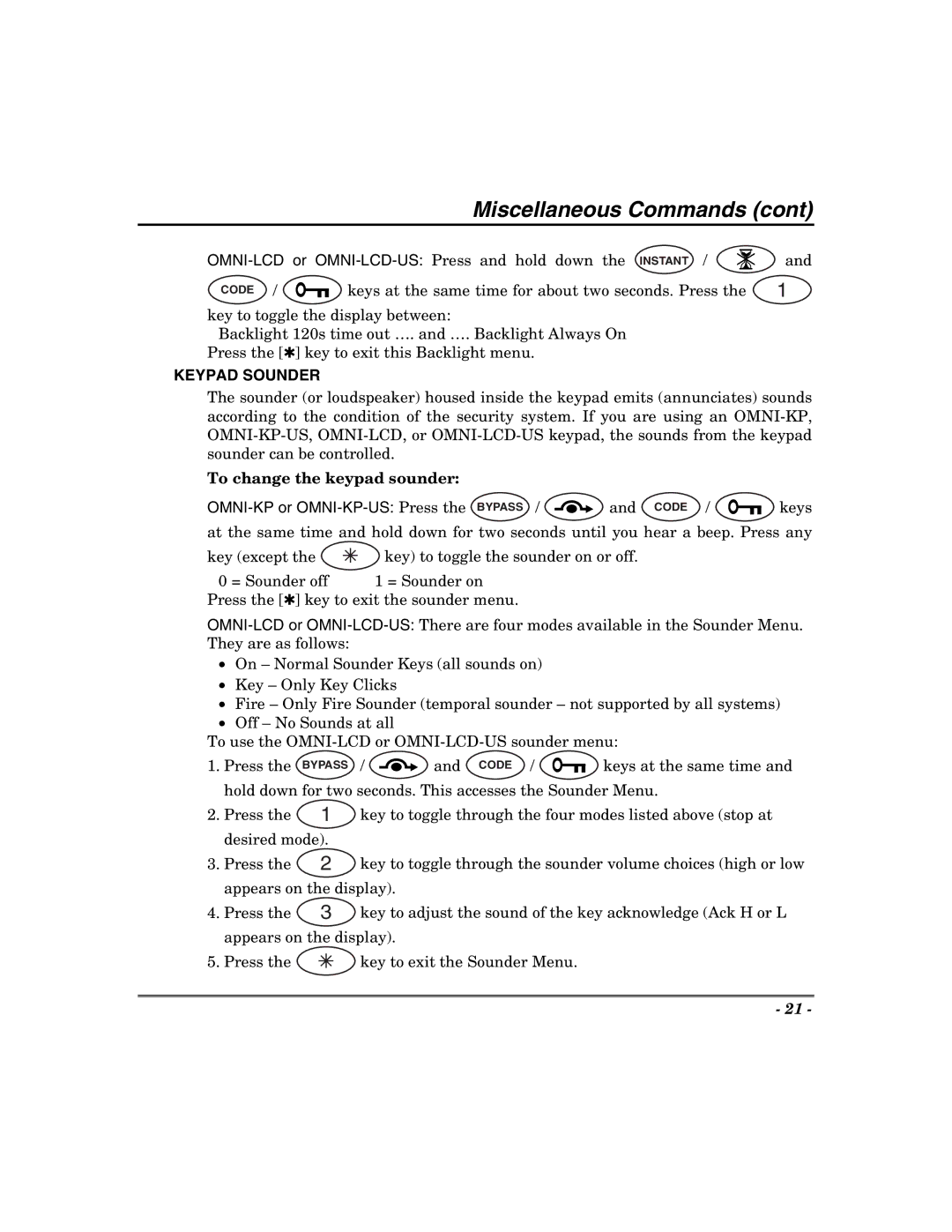 Honeywell 600, 400, 624, 848 manual Keypad Sounder, To change the keypad sounder, OMNI-KP or OMNI-KP-US Press the Bypass 