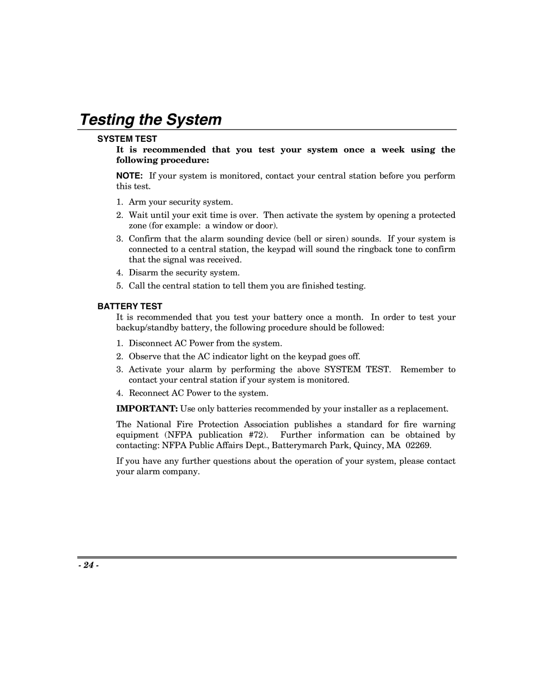 Honeywell 400, 600, 624, 848 manual Testing the System, System Test, Battery Test 