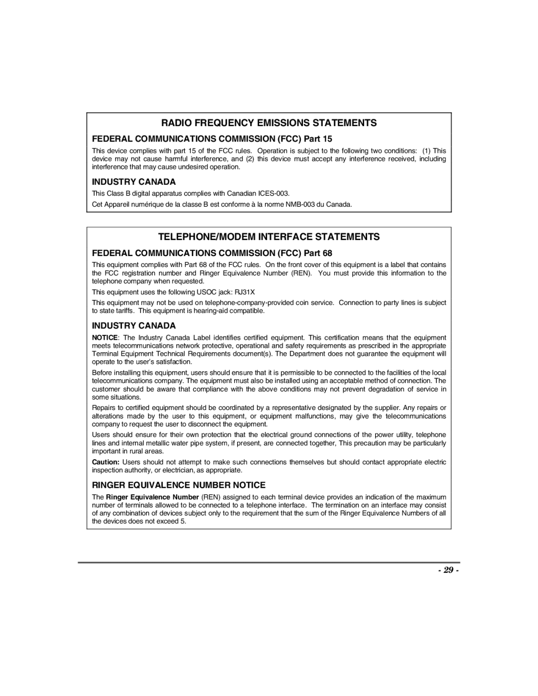 Honeywell 600, 400, 624, 848 Federal Communications Commission FCC Part, Industry Canada, Ringer Equivalence Number Notice 